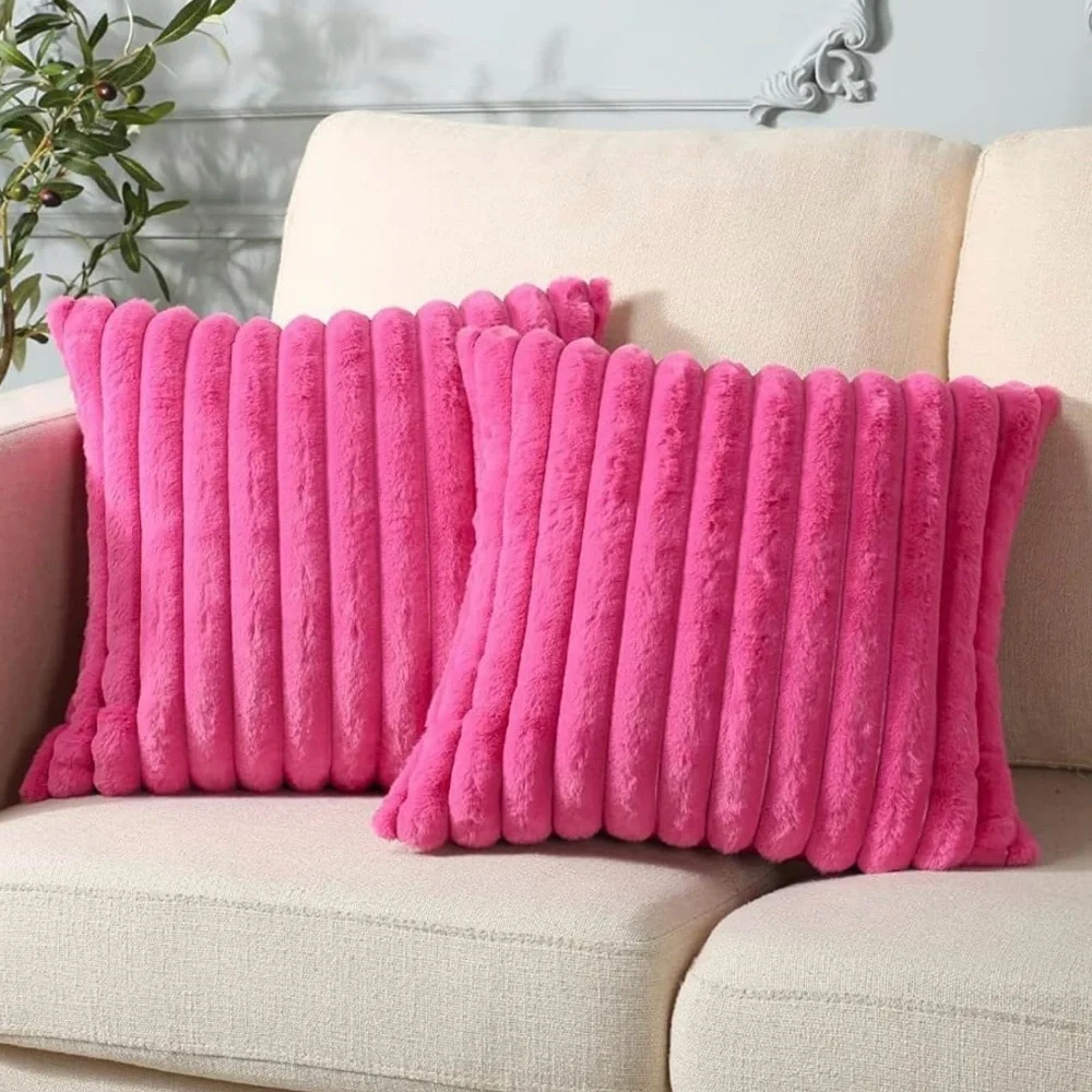 Set 2 Pink Throw Pillows Faux Fur Ribbed Soft Home Bed Decor